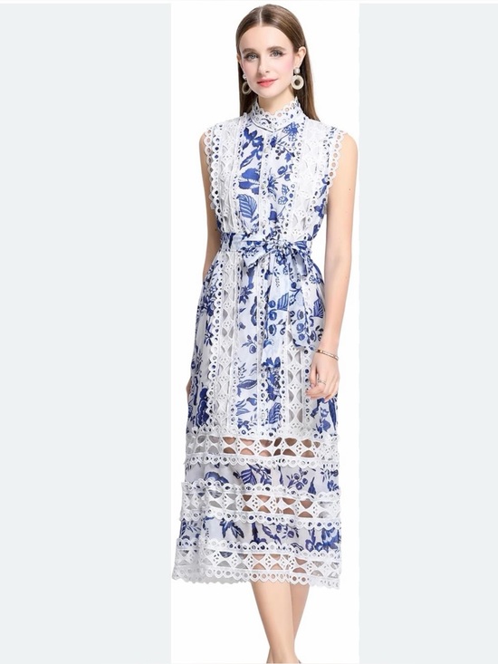 Dresses & Skirts - NWT Lai Meng Five Cats Sleeveless  Hollow out Lace Trim Midi Dress with Belt S